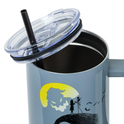 Silver Buffalo Disney Nightmare Before Christmas Featuring Oogie Boogie, Jack Skellington, and Sally Double Walled Stainless Steel Tumbler with Handle and Straw, Fits in Standard Cup Holder, 40 Ounces