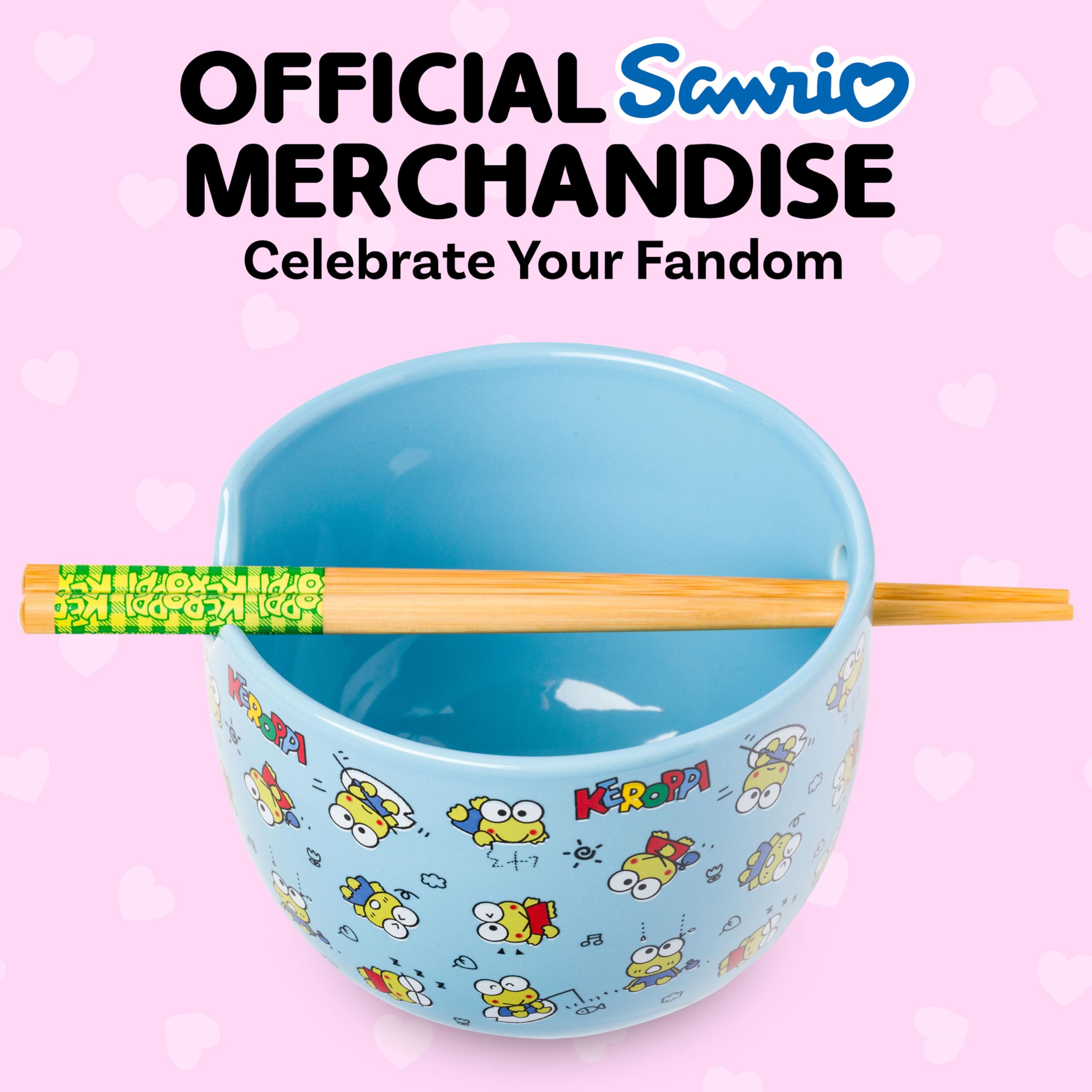 Silver Buffalo Sanrio Hello Kitty and Friends Keroppi Fishing and Doodling Ceramic Ramen Noodle Rice Bowl with Chopsticks, Microwave Safe, 20 Ounces