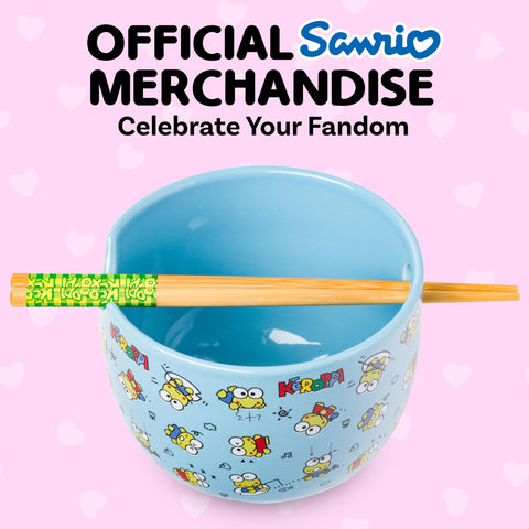Silver Buffalo Sanrio Hello Kitty and Friends Keroppi Fishing and Doodling Ceramic Ramen Noodle Rice Bowl with Chopsticks, Microwave Safe, 20 Ounces