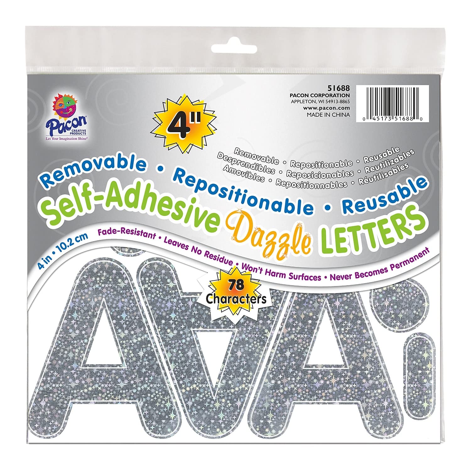 Pacon 4-inch Self-Adhesive Puffy Font Letters, Silver Dazzle, 78 Characters (PAC51688)