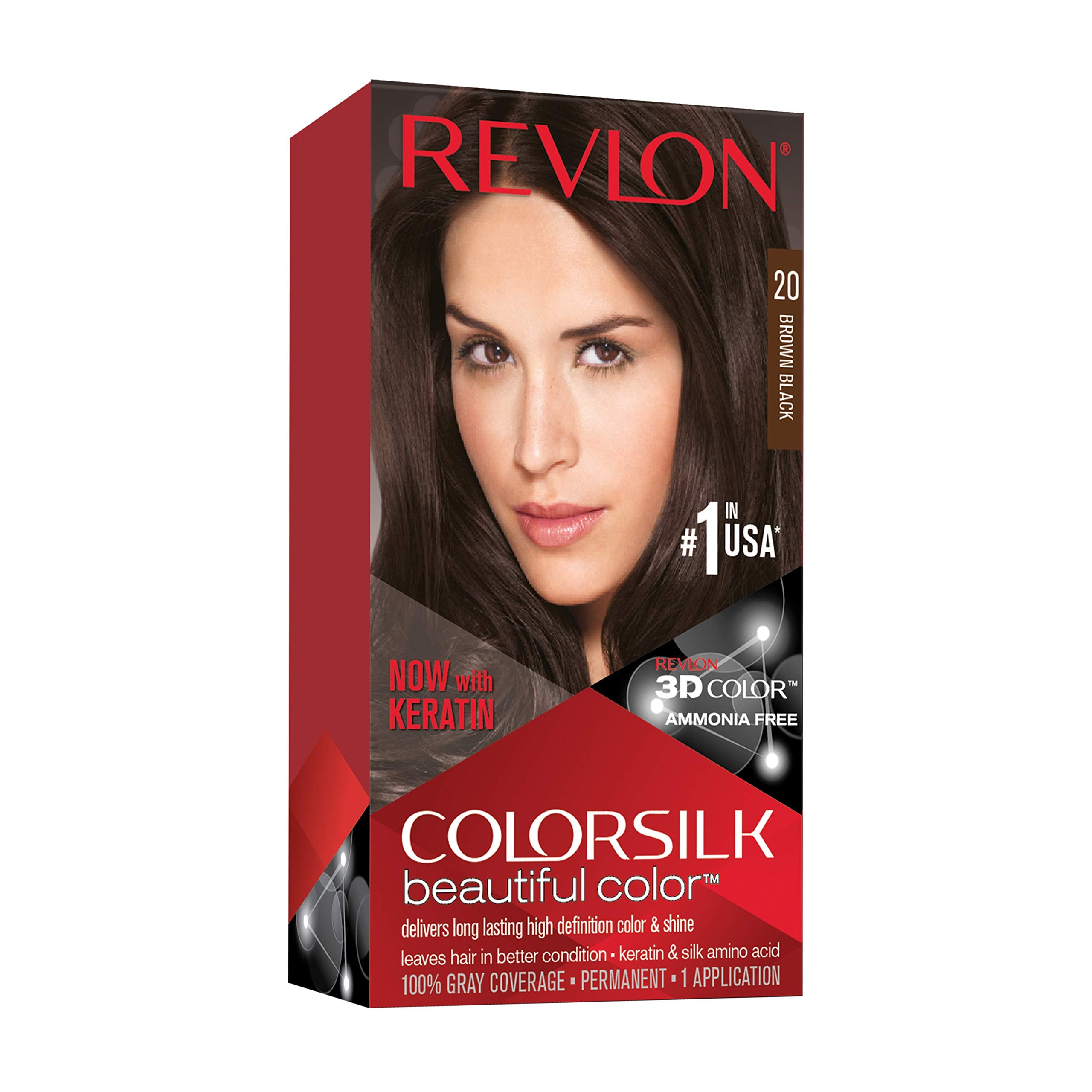 Revlon Permanent Hair Color, Permanent Hair Dye, Colorsilk with 100% Gray Coverage, Ammonia-Free, Keratin and Amino Acids, 20 Brown/Black, 4.4 Oz (Pack of 1)