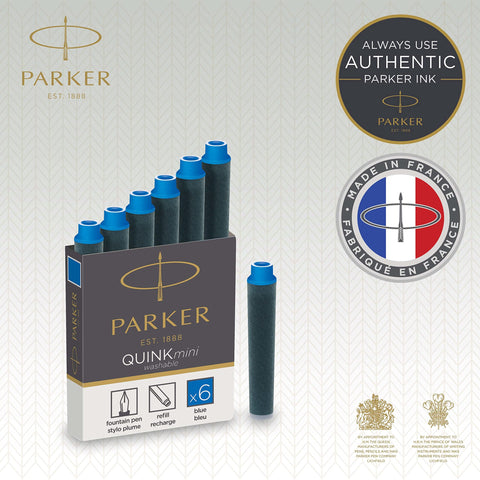 Parker Mini Fountain Pen Ink Refill Cartridges | Blue QUINK Ink | 6 Count