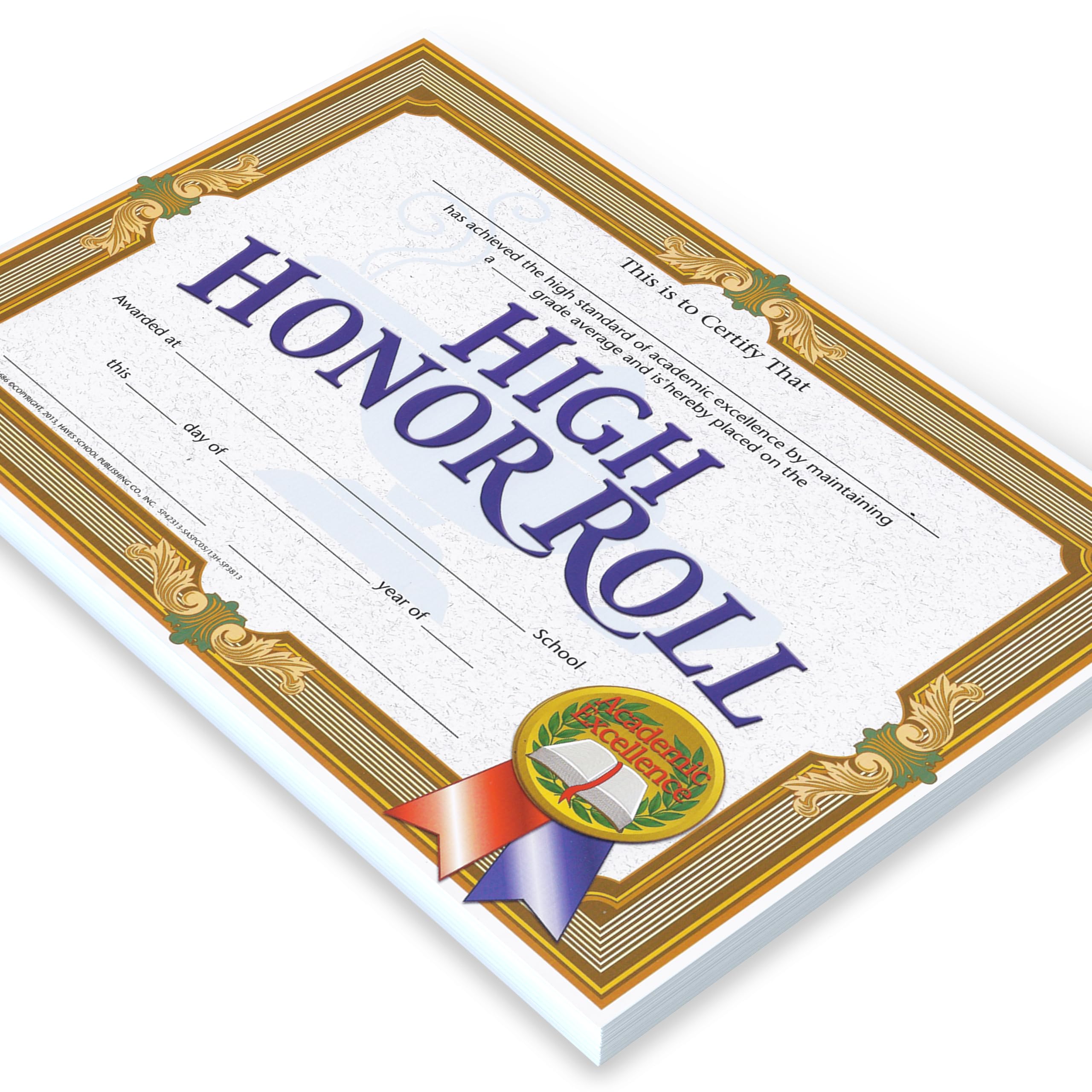 Hayes High Honor Roll Certificates, Academic Excellence Awards for Students, Customizable Award for Students, Kids, and Children, Full-Color Elegant Gold Frame Design, 8.5" x 11" - 30 Pack