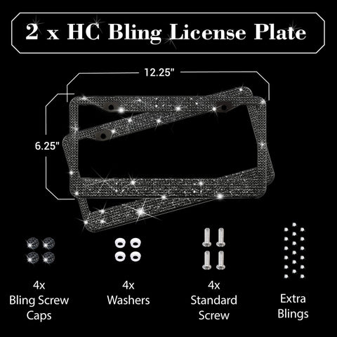 Black Bling License Plate Frames for Women - 2 Pack Bedazzled Cover, Clear Crystal Stainless Steel Girly Queen Sparkle License Plate Frame Cute Diamond Shiny Black Sparkly Cover
