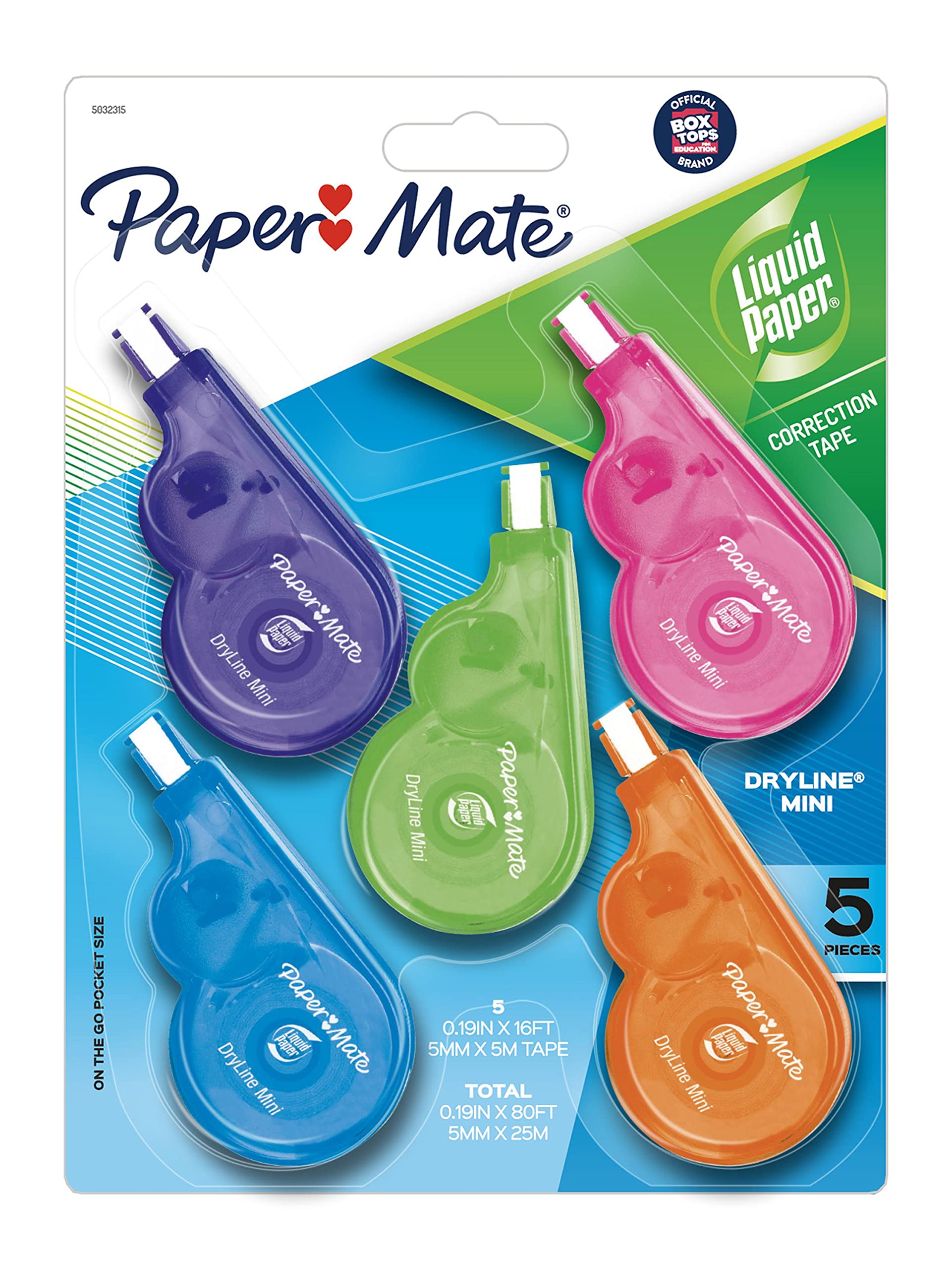 Paper Mate Liquid Paper DryLine Mini Correction Tapes, Mess-Free, Assorted Colors, 5 Count - Home, Office, Teacher Supplies, College Essentials