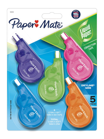 Paper Mate Liquid Paper DryLine Mini Correction Tapes, Mess-Free, Assorted Colors, 5 Count - Home, Office, Teacher Supplies, College Essentials