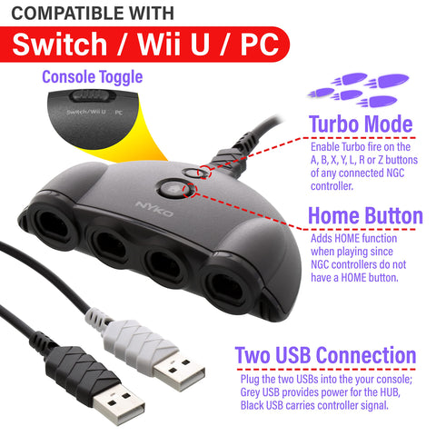 Nyko Retro Controller Hub Plus – 4 Port Gamecube Controller Adapter with Turbo and Home Button for Nintendo Switch (87274)