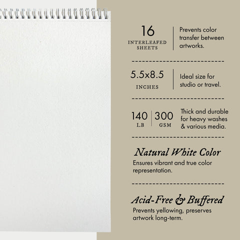 Indigo Artpapers Watercolor Paper Pad, 16 Sheets, 5.5x8.5 (140lb/300g) | Handmade 100% Cotton Rag, Cold Pressed Paint Paper, Acid-Free Water Color Paper Pad, Wirebound Watercolor Sketchbook Journal