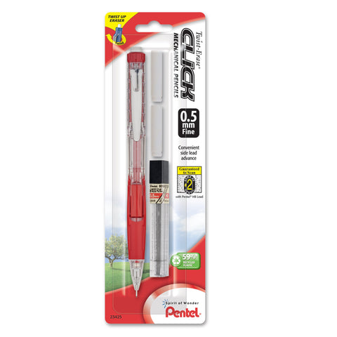 Pentel Twist Erase CLICK Automatic Pencil with 2 Eraser Refills and Lead, 0.5mm, Assorted Barrels, Color May Vary, 1 Pack (PD275TLEBP), Assorted Colors