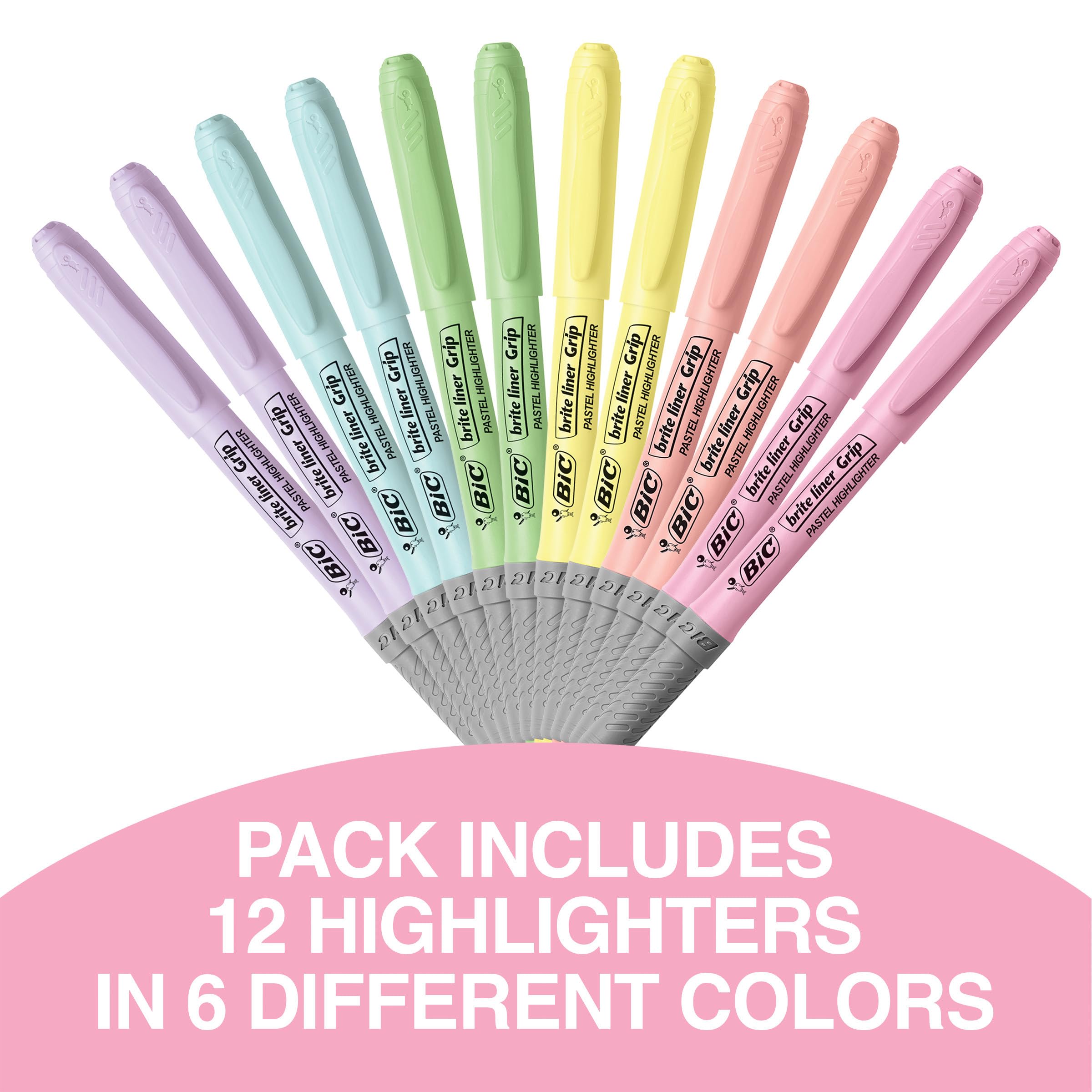 BIC Brite Liner Grip Pastel Highlighter Set, Chisel Tip, 12-Count Pack of Pastel Highlighters in Assorted Colors, Cute Highlighters for Bullet Journaling, Note Taking and More