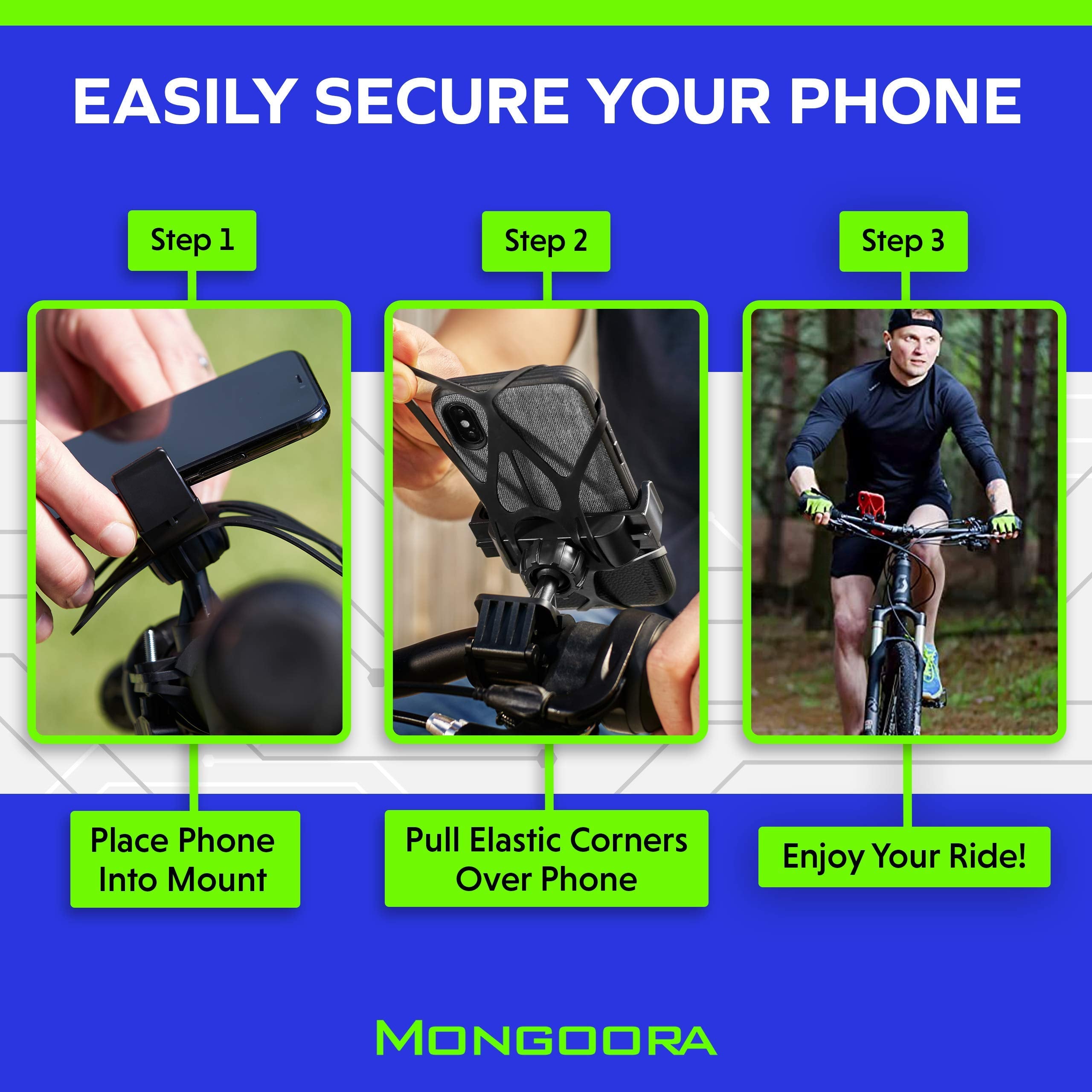 Mongoora Bike & Motorcycle Phone Mount - GPS Cell Phone Holder for Bicycle Handlebar - Easy to Install Bike Accessories Fits iPhone, Galaxy, Android - Stocking Stuffers - 3 Bands (Black, Red, Green)