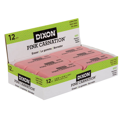 Dixon Pink Carnation Wedge Erasers, Medium, Pink, 2" x .75", 12-Pack (38900)