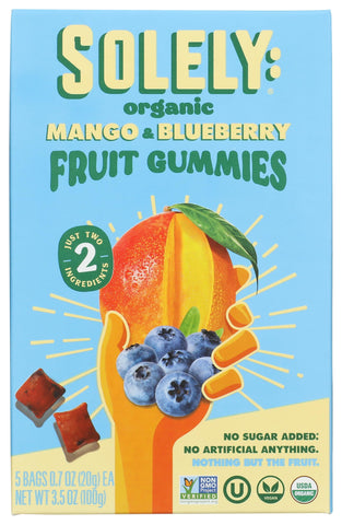 SOLELY - Organic Mango & Blueberry Whole Fruit Gummies (5 Bags per Box, 8 boxes) - Real Fresh Fruit - Healthy Snacks for Adults & Kids - Non-GMO, Vegan Snacks, Shelf Stable - 40 Bags (3.5 oz)