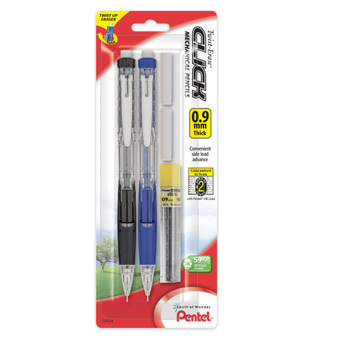 Pentel Twist Erase Click Automatic Pencil with 2 Eraser Refills and Lead, 0.9 mm, Assorted Barrels, Color May Vary, 2 Pack (PD279TLEBP2)
