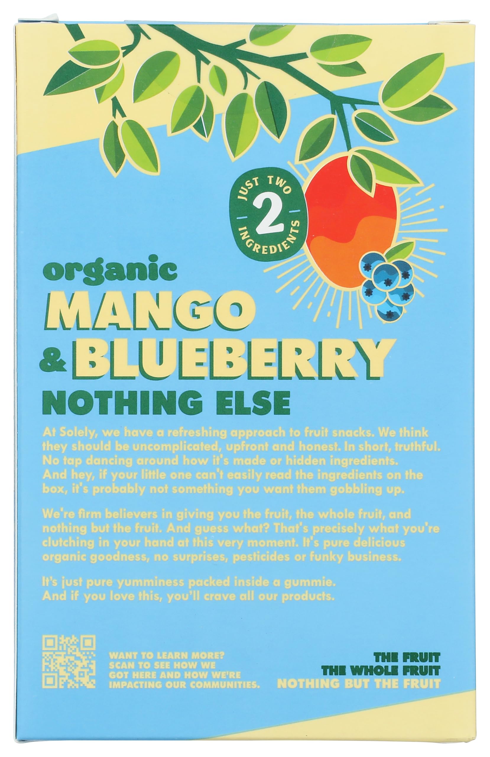 SOLELY - Organic Mango & Blueberry Whole Fruit Gummies (5 Bags per Box, 8 boxes) - Real Fresh Fruit - Healthy Snacks for Adults & Kids - Non-GMO, Vegan Snacks, Shelf Stable - 40 Bags (3.5 oz)