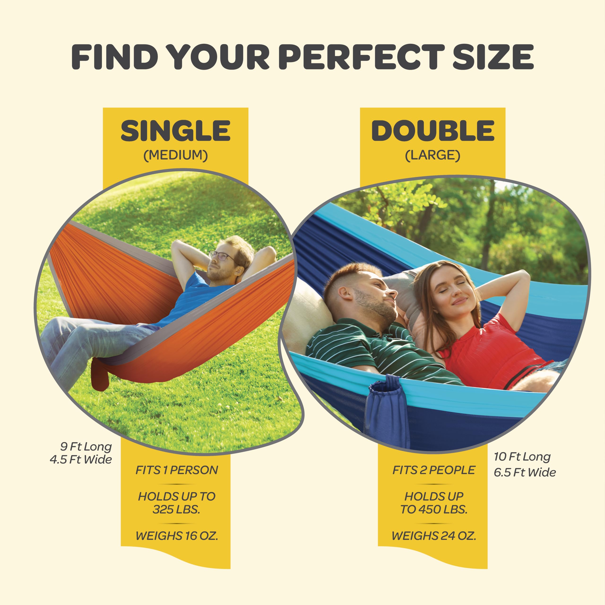 Durable Hammock 500 lb Capacity, Nylon Camping Hammock Chair - Double or Single Sizes w/Tree Straps and Attached Carry Bag - for Travel/Backpacking/Beach/Backyard (Large, Orange & Light Grey)