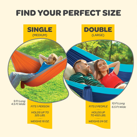 Durable Hammock 500 lb Capacity, Nylon Camping Hammock Chair - Double or Single Sizes w/Tree Straps and Attached Carry Bag - Portable for Travel/Backpacking/Beach/Backyard (Large, Khaki & Army Green)