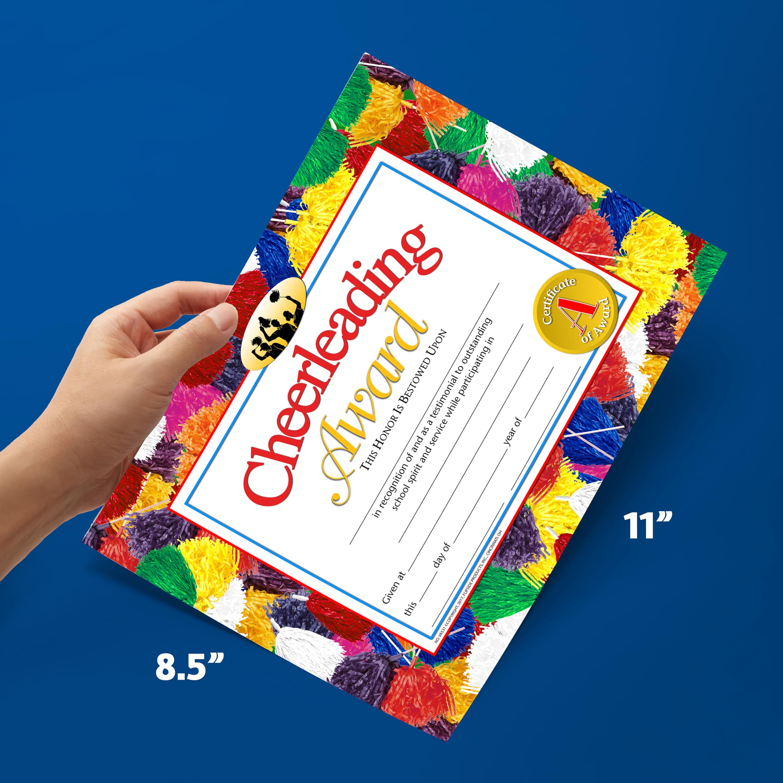 Hayes Cheerleading Award Certificate, Cheer Team Recognition, Customizable Award for Students, Kids, and Children, Full-Color Pom-Pom Design, 8.5" x 11" - 30 Pack