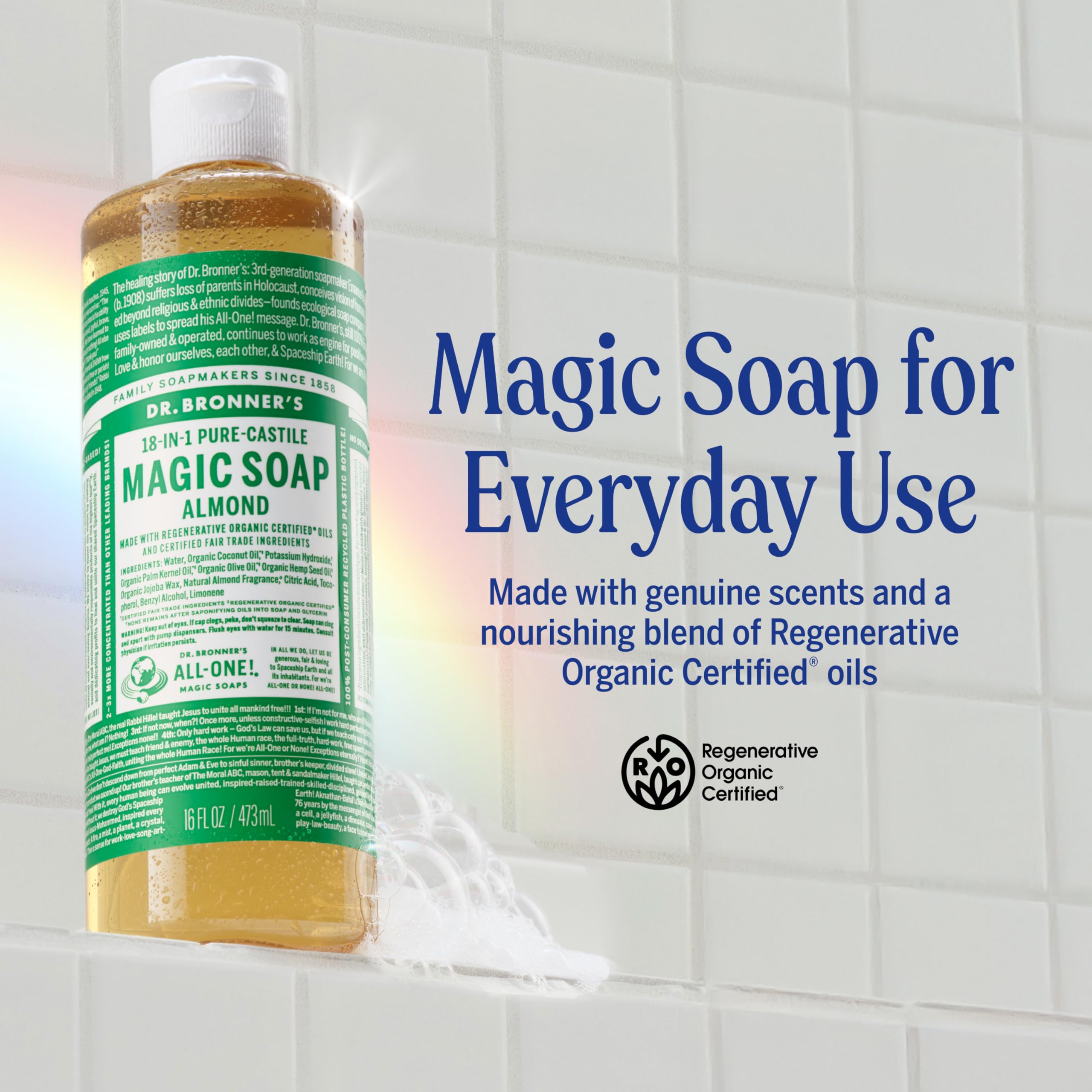 Dr. Bronner's Pure-Castile Magic Soap Liquid (Almond, 8 Ounce) - Made with Regenerative Organic Certified Oils, 18-in-1 Uses: Face, Body, Hair, Laundry, Pets and Dishes, Concentrated, Vegan, Non-GMO
