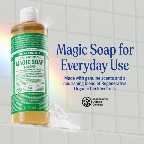 Dr. Bronner's Pure-Castile Magic Soap Liquid (Almond, 8 Ounce) - Made with Regenerative Organic Certified Oils, 18-in-1 Uses: Face, Body, Hair, Laundry, Pets and Dishes, Concentrated, Vegan, Non-GMO