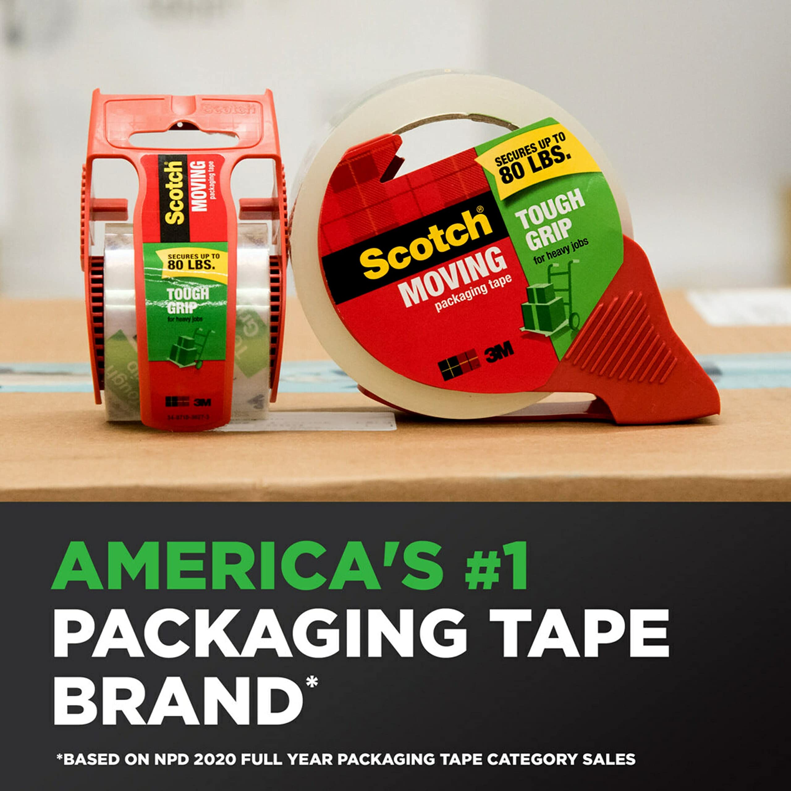 Scotch Tough Grip Moving Packaging Tape, 1.88" x 38.2 yd, Strong Hold on All Box Types Including Recycled, Secures Boxes up to 80 lbs, 3" Core, Clear, 6 Rolls (3500S-6)
