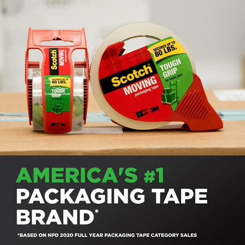 Scotch Tough Grip Moving Packaging Tape, 1.88" x 38.2 yd, Strong Hold on All Box Types Including Recycled, Secures Boxes up to 80 lbs, 3" Core, Clear, 6 Rolls (3500S-6)