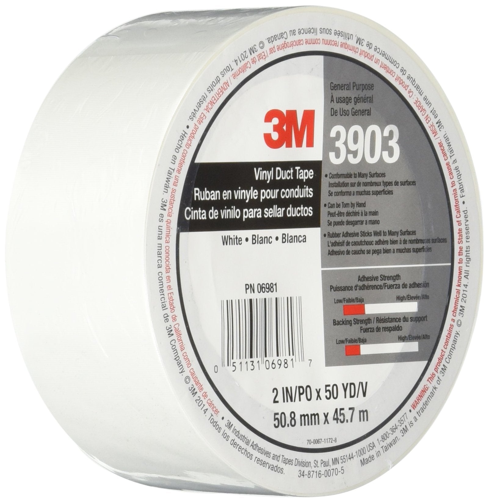 3M Vinyl Duct Tape 3903, White Color, 2 in x 50 yd, 7.3 mil, 1 Roll, Individually Wrapped Conveniently Packaged
