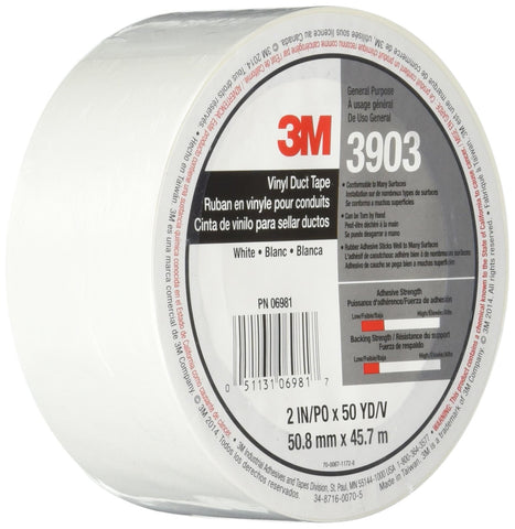 3M Vinyl Duct Tape 3903, White Color, 2 in x 50 yd, 7.3 mil, 1 Roll, Individually Wrapped Conveniently Packaged