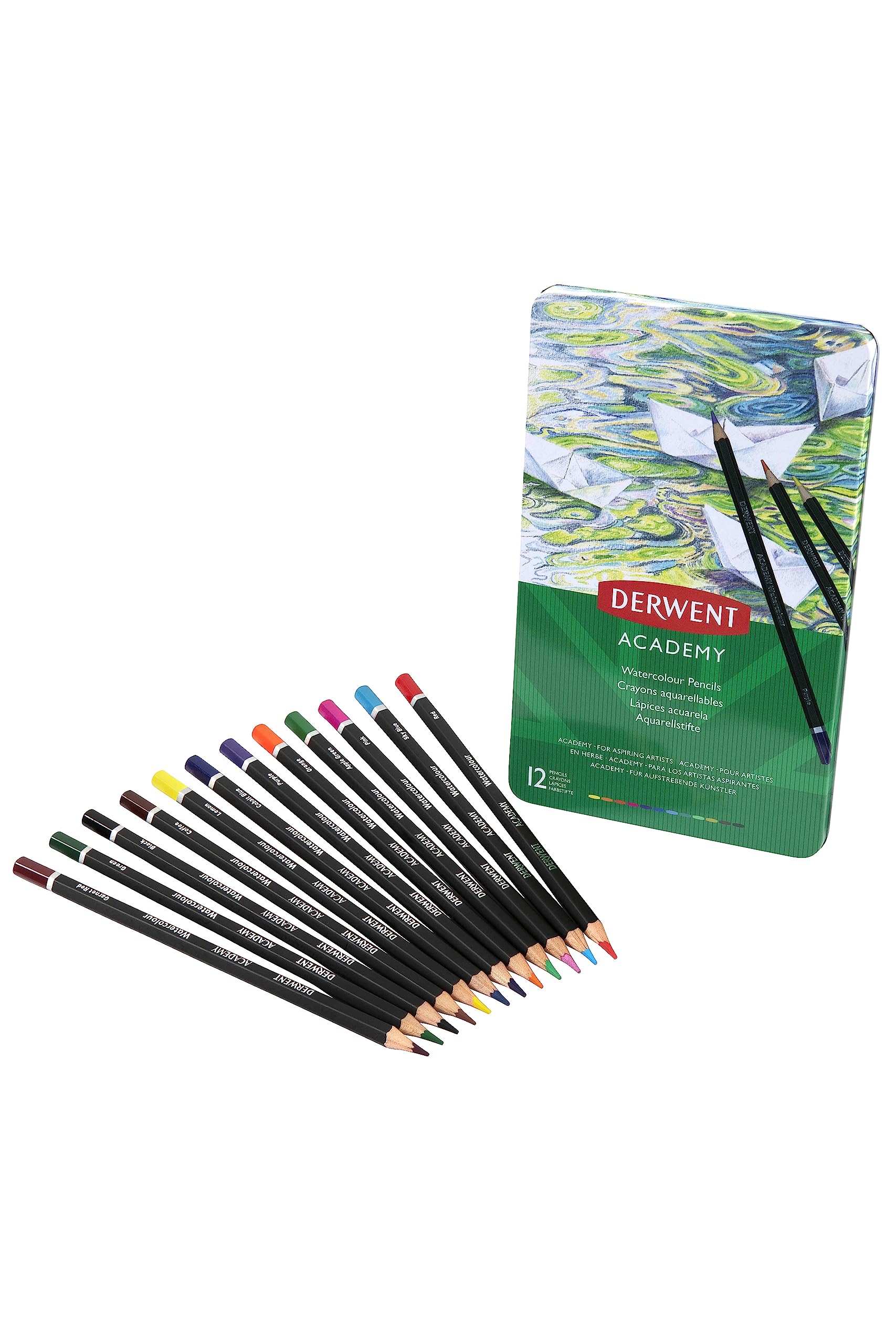 Derwent Academy Watercolor Pencils, 3.3mm Core, Metal Tin, 12 Count (2301941)