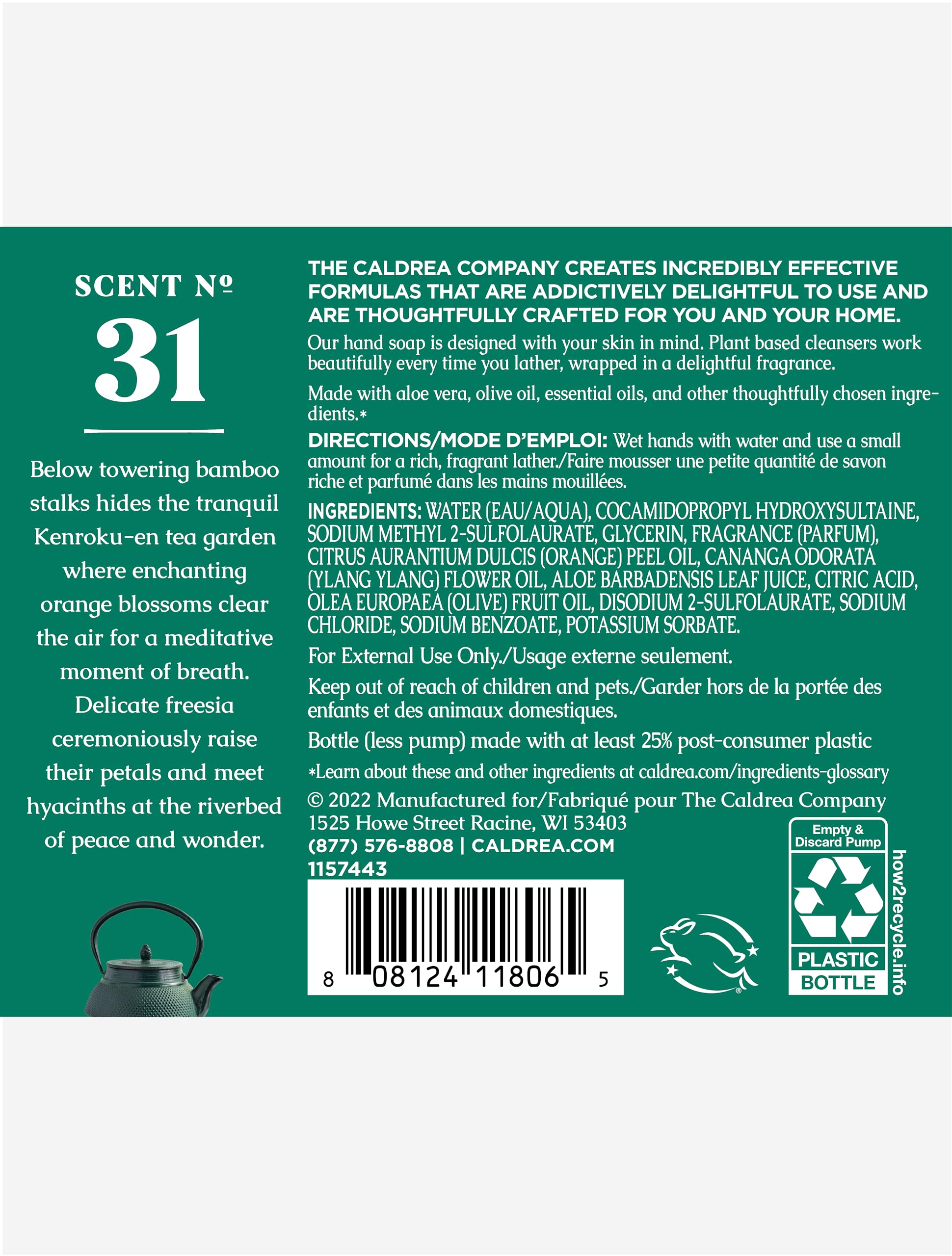 Caldrea Hand Wash Soap, Aloe Vera Gel, Olive Oil, Orange Peel and Ylang Ylang flower Essential Oils To Cleanse And Condition, Orange Blossom Bamboo scent, 10.8 Oz