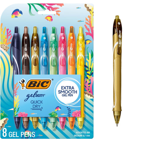 BIC Gelocity Quick Dry Ocean Themed Gel Pens, Medium Point (0.7mm), 8-Count Gel Pen Set, Colored Gel Pens for Note Taking and Journaling