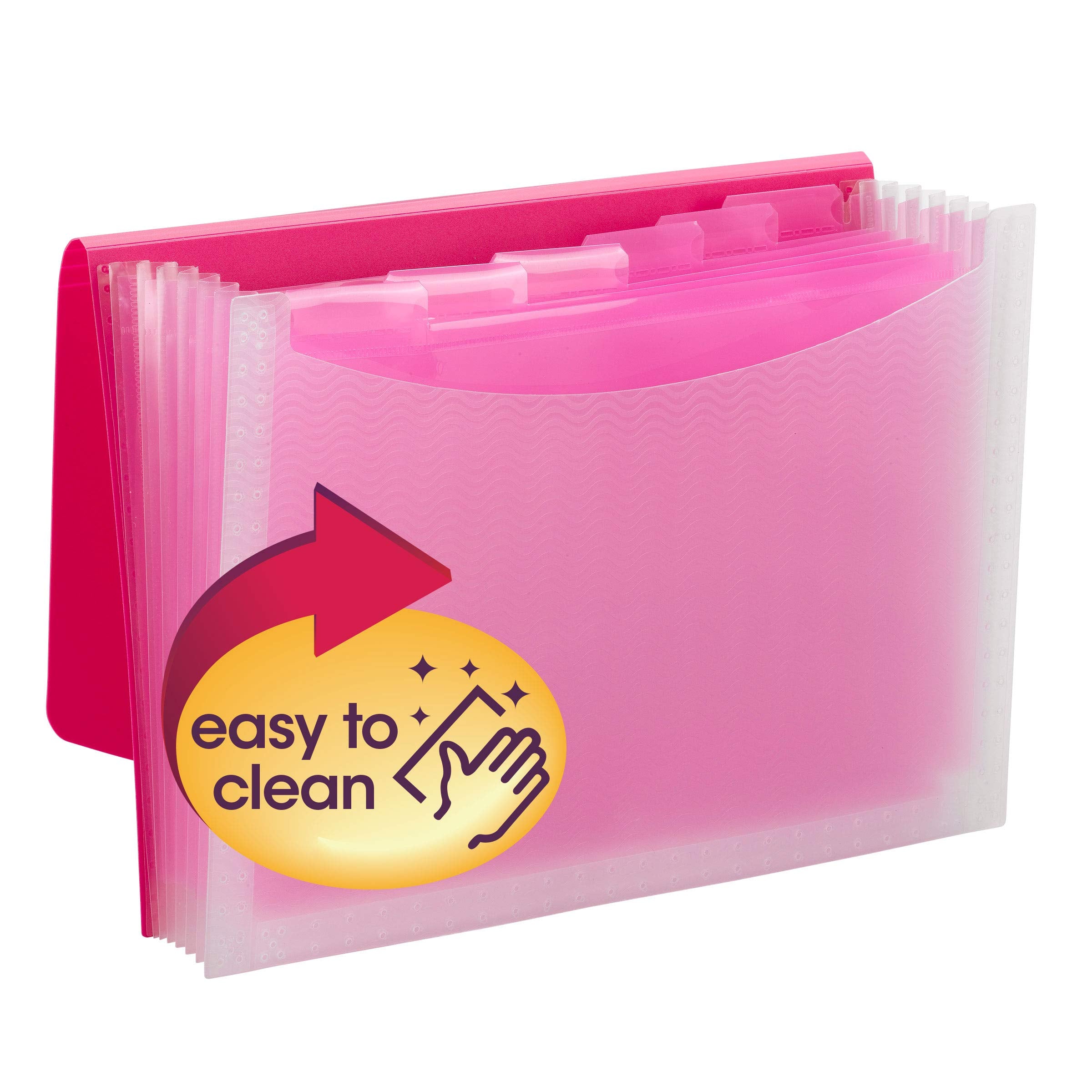 Smead Poly Expanding File, 6 Dividers, Flap and Cord Closure, Letter Size, Wave Pattern Pink/Clear (70874)
