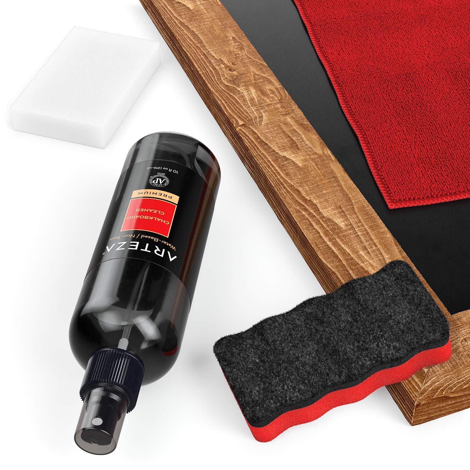 Arteza Chalkboard Cleaner Set with 2 Cleaners, 10-Ounces Each, 1 Microfiber Fabric Towel, 2 Magic Sponges & 1 Magnetic Eraser, Office Supplies for Chalkboards, Blackboards & Glass Surfaces