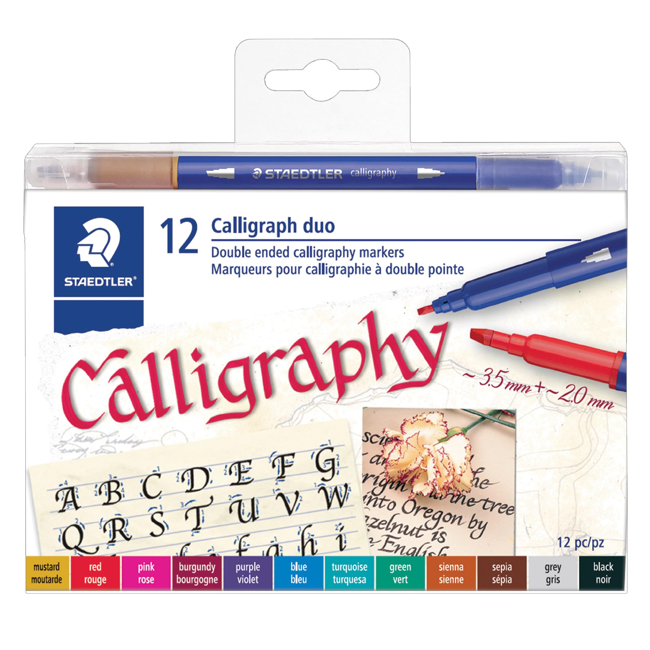 STAEDTLER double ended calligraphy markers, calligraph duo, for narrow and broad lettering designs, pigmented ink, 12 assorted colors, 3002TB12LU