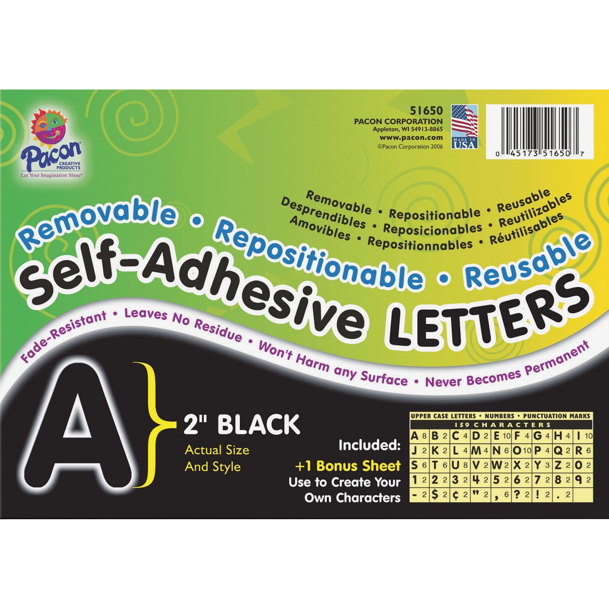 Pacon Reusable Self-Adhesive Vinyl Letters & Numbers Puffy Font 2" Black