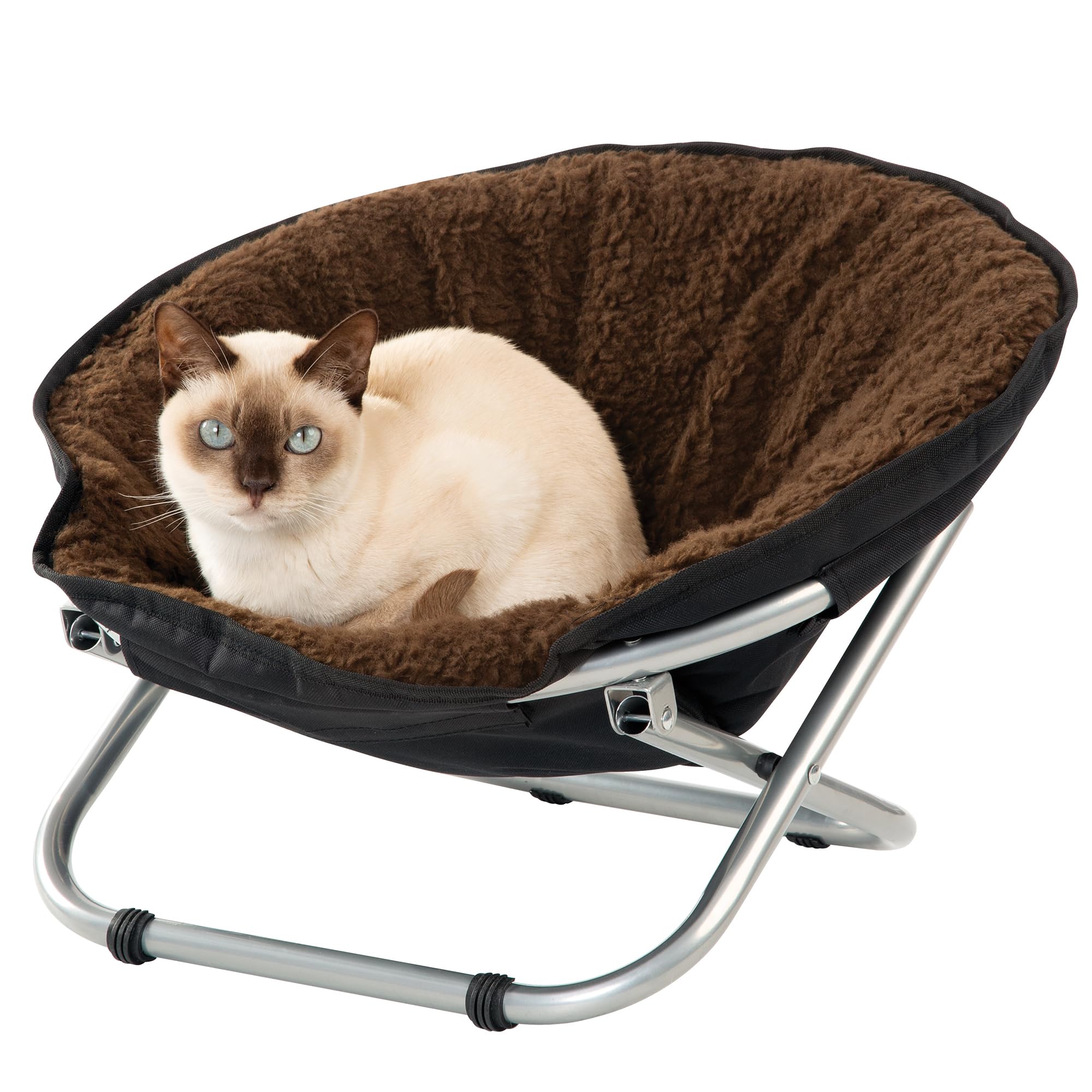 Etna Folding Pet Cozy Chair - Portable Round Fold Out Elevated Cat Bed - Brown Fleece Top Cushion - Papasan Chair for Small Dogs