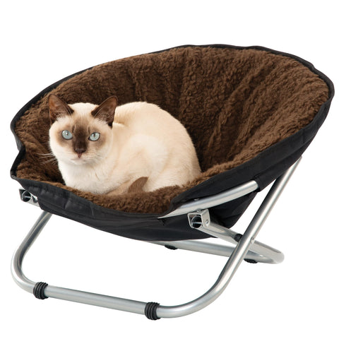 Etna Folding Pet Cozy Chair - Portable Round Fold Out Elevated Cat Bed - Brown Fleece Top Cushion - Papasan Chair for Small Dogs