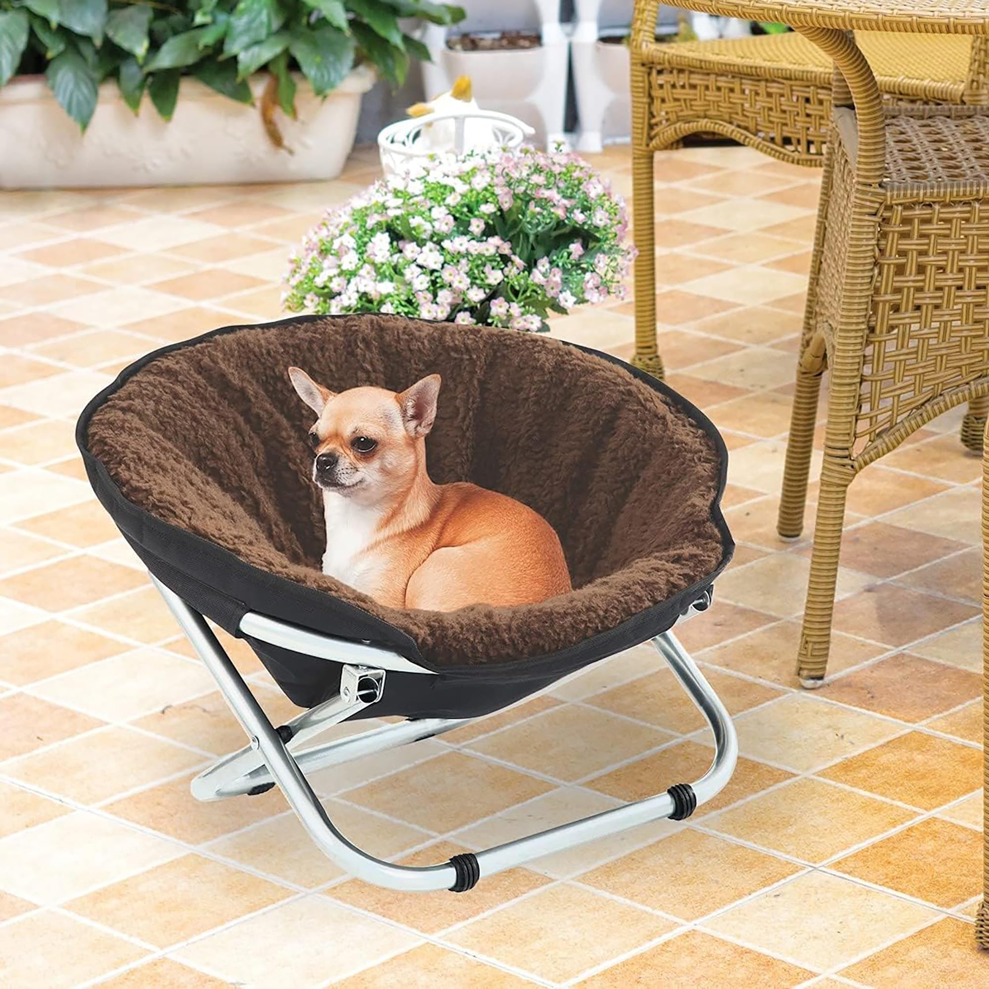 Etna Folding Pet Cozy Chair - Portable Round Fold Out Elevated Cat Bed - Brown Fleece Top Cushion - Papasan Chair for Small Dogs