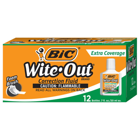 BIC Wite-Out Brand Extra Coverage Correction Fluid, 20 ml, White, 12-Count