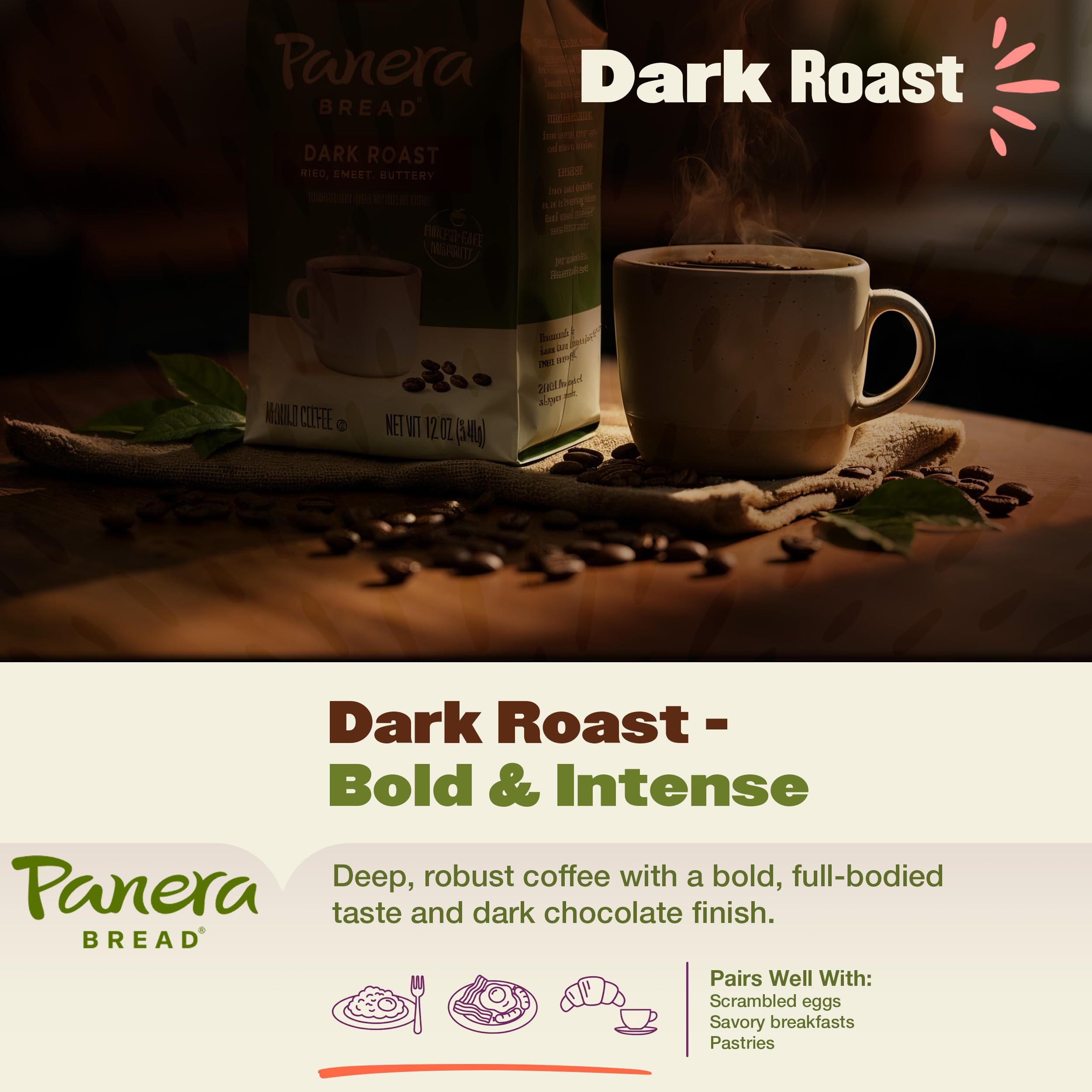 Panera Dark Roast Ground Coffee, - Bold Breakfast Brew with Dark Chocolate Finish - 100% Arabica Beans, Sustainably Sourced - Kosher, Dairy-Free - Cafe Quality for Home Brewing 12oz Bag