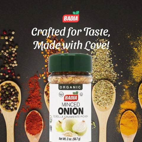 Badia Organic Minced Onion, 2 oz – Dehydrated Onion Flakes for Cooking & Seasoning – Rich, Savory Flavor