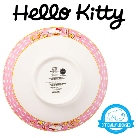 Silver Buffalo Sanrio Hello Kitty Pink and Gold Japanese Pattern with Flowers Ceramic Ramen Noodle Rice Bowl with Chopsticks, Microwave Safe, 30 Ounces