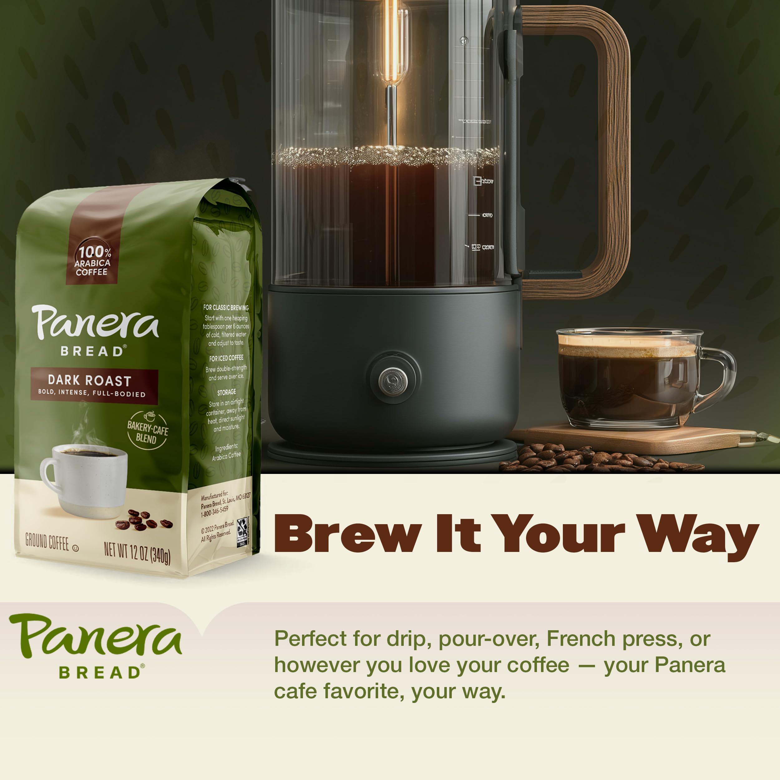 Panera Dark Roast Ground Coffee, - Bold Breakfast Brew with Dark Chocolate Finish - 100% Arabica Beans, Sustainably Sourced - Kosher, Dairy-Free - Cafe Quality for Home Brewing 12oz Bag