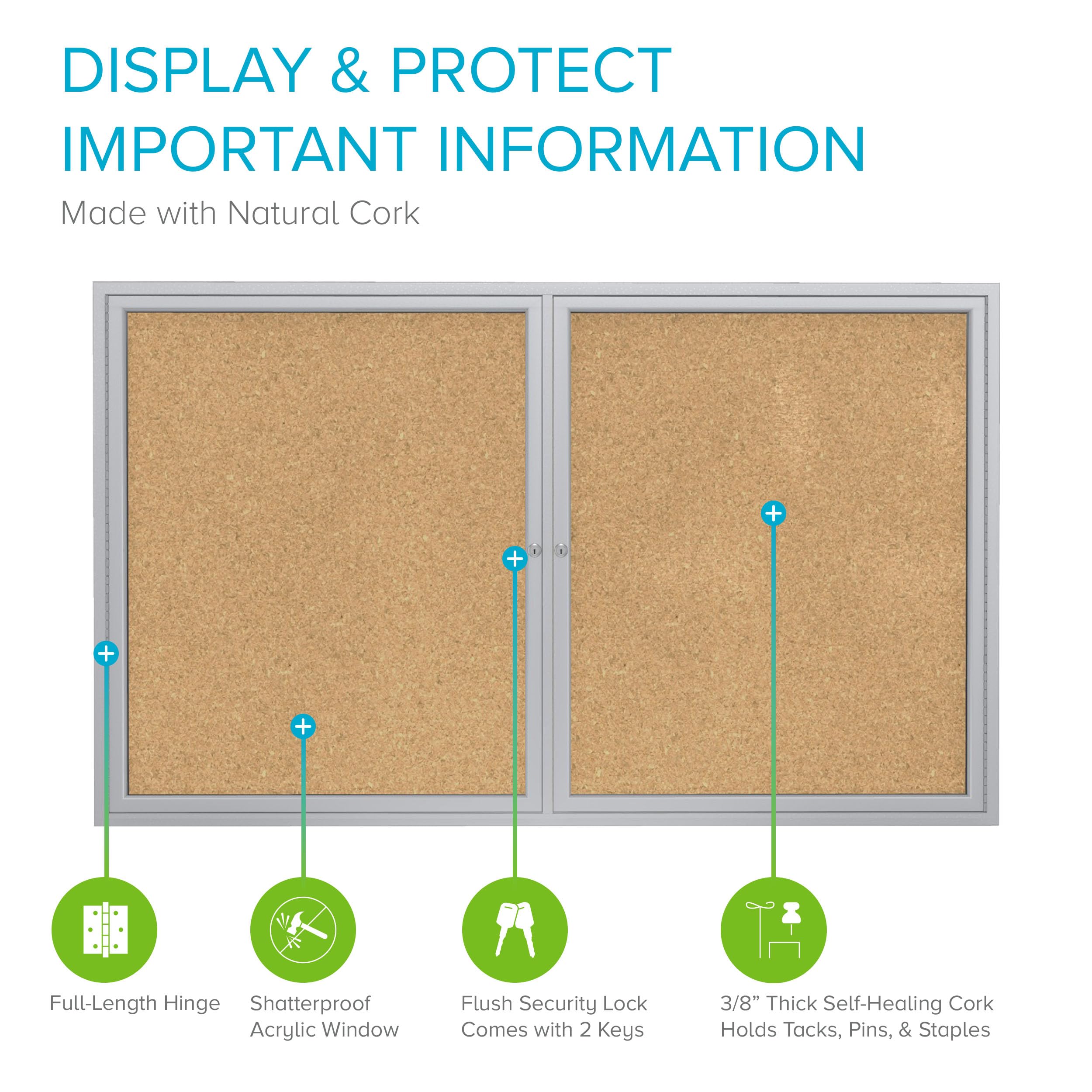 Ghent 36" x 48" 2-Door indoor Enclosed Bulletin Board, Shatter Resistant, with Lock, Satin Aluminum Frame - Natural Cork (PA234K) Made in the USA