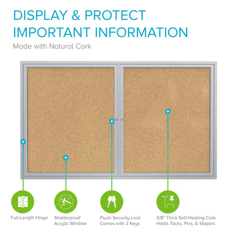 Ghent 36" x 48" 2-Door indoor Enclosed Bulletin Board, Shatter Resistant, with Lock, Satin Aluminum Frame - Natural Cork (PA234K) Made in the USA