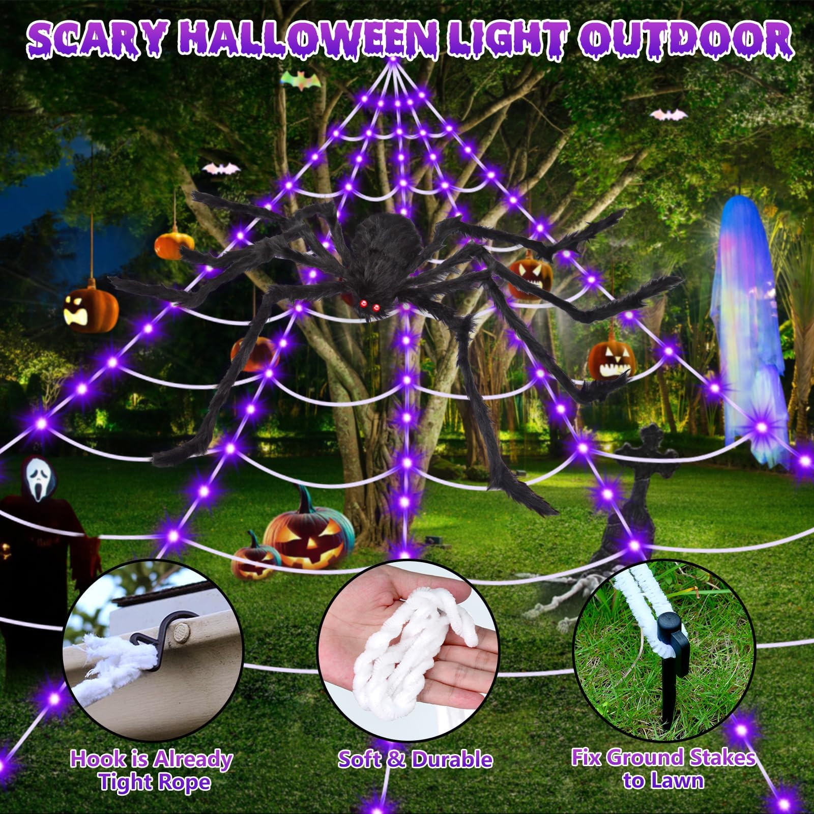 OCATO Halloween Decorations Spider Webs: Spider Web Lights 135 LED Purple Lights 59" Giant Spider Scary Halloween Decorations Outdoor Indoor for Party Garden Home Costumes Yard Haunted House