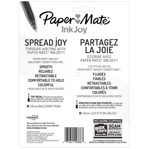 Paper Mate InkJoy 300RT Retractable Ballpoint Pens, Medium Point, Black/Red/Blue Ink, 8 Pack (1945918)