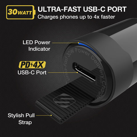 Scosche CPDC30 PowerVolt 30-Watt USB Type-C Fast Mini Flush Fitting Car Charger with Fabric Pull Tag & Power Delivery 3.0 with PPS for All USB-C Devices