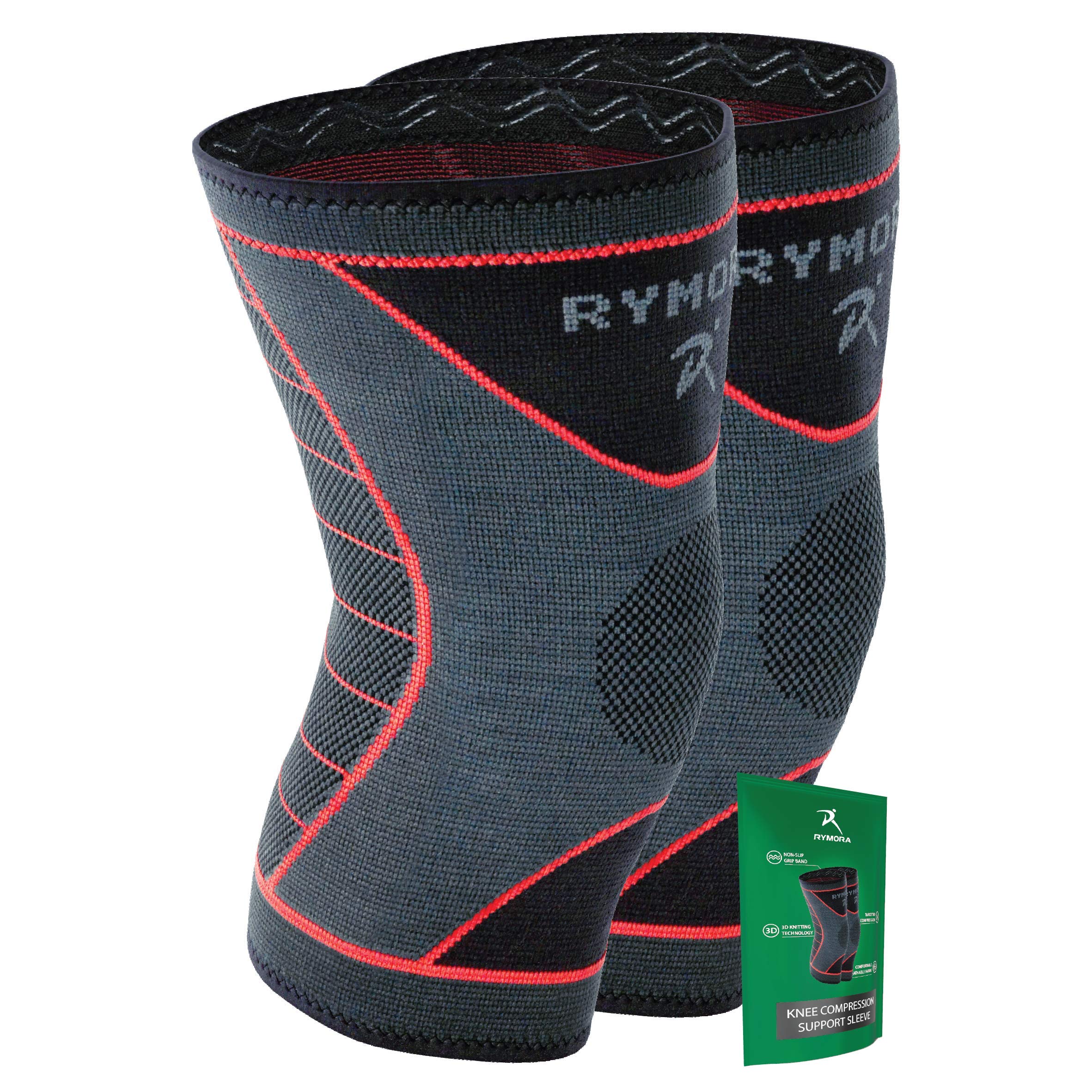 Rymora Knee Support Brace Compression Sleeves for Men and Women (Grey) (Pair) (Medium) [M] - for Ligament Injury, Joint Pain Relief, Running, Arthritis, ACL, MCL, Sport