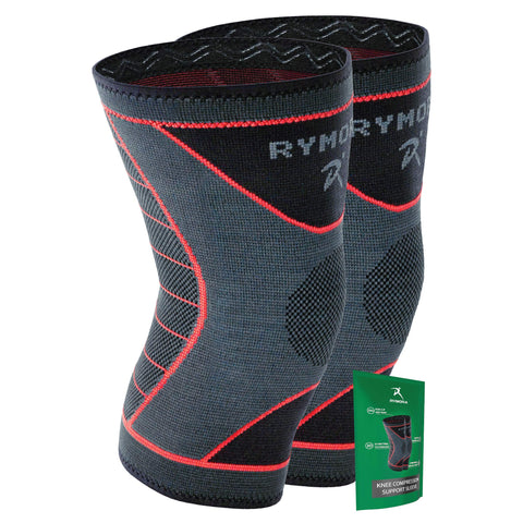 Rymora Knee Support Brace Compression Sleeves for Men and Women (Grey) (Pair) (Medium) [M] - for Ligament Injury, Joint Pain Relief, Running, Arthritis, ACL, MCL, Sport